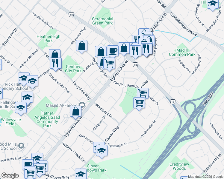 map of restaurants, bars, coffee shops, grocery stores, and more near 783 Millworks Crescent in Mississauga