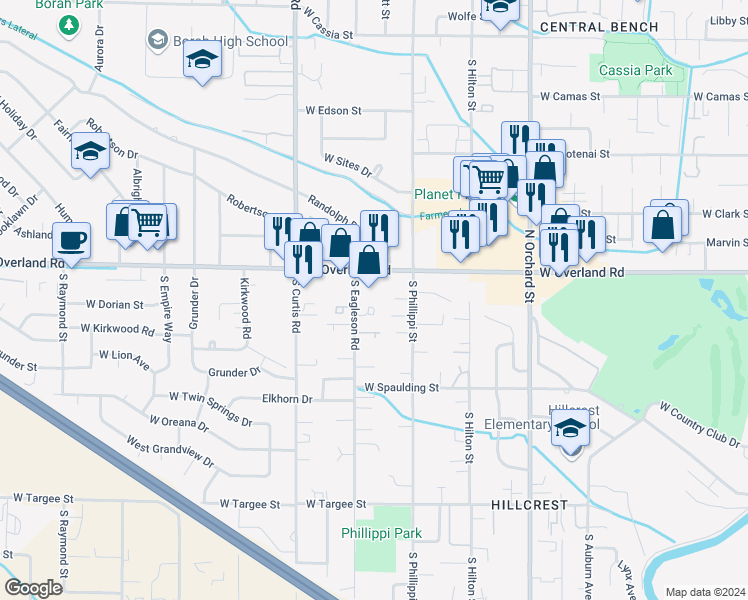 map of restaurants, bars, coffee shops, grocery stores, and more near 1716 South Eagleson Road in Boise