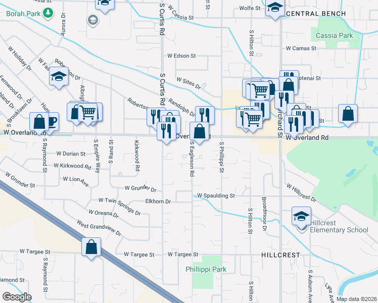 map of restaurants, bars, coffee shops, grocery stores, and more near 5619 West Dorian Lane in Boise