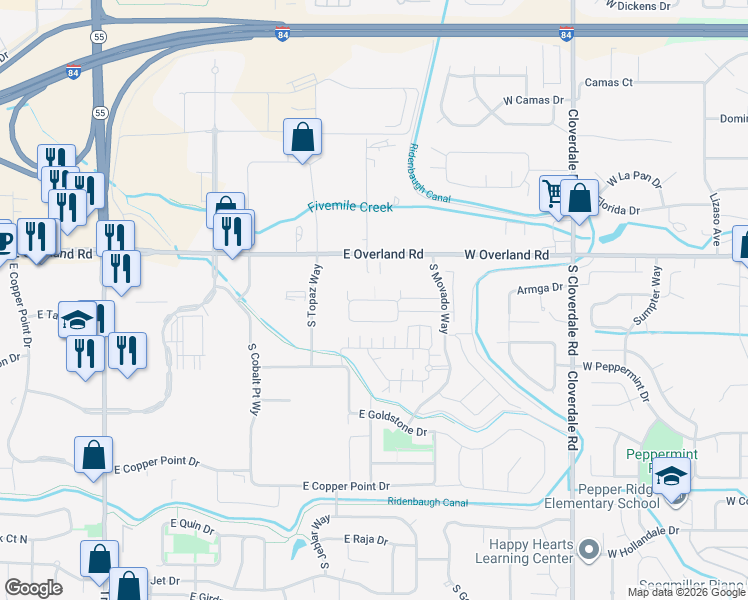 map of restaurants, bars, coffee shops, grocery stores, and more near 4124 East Blueberry Street in Meridian