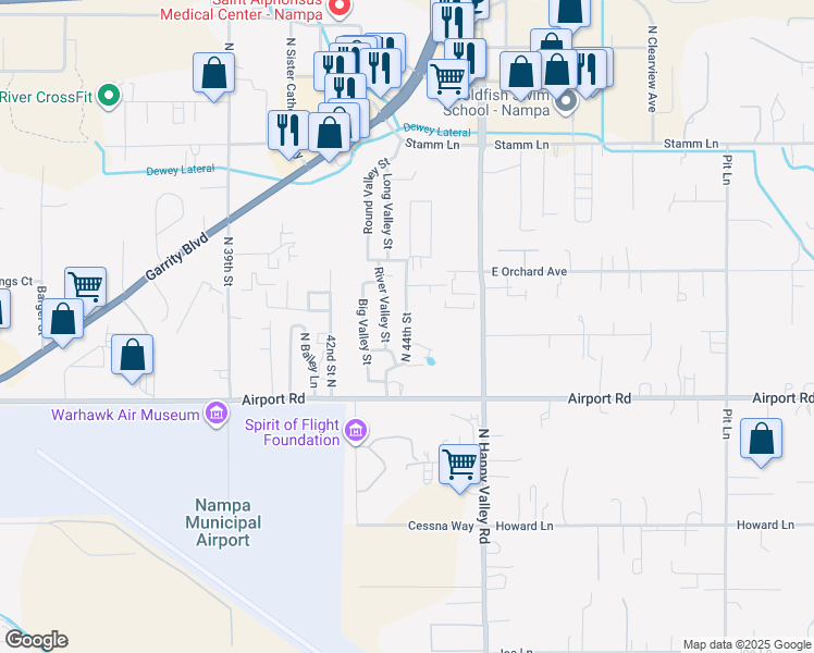 map of restaurants, bars, coffee shops, grocery stores, and more near 503 North 44th Street in Nampa