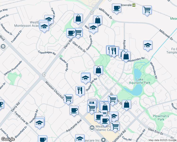 map of restaurants, bars, coffee shops, grocery stores, and more near 6679 Shelter Bay Road in Mississauga