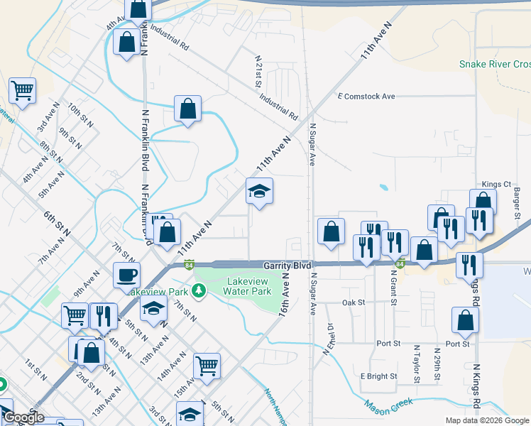 map of restaurants, bars, coffee shops, grocery stores, and more near 500 Stampede Drive in Nampa
