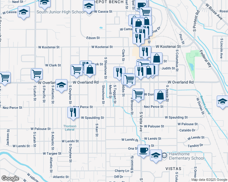 map of restaurants, bars, coffee shops, grocery stores, and more near 1700 South Taggart Street in Boise
