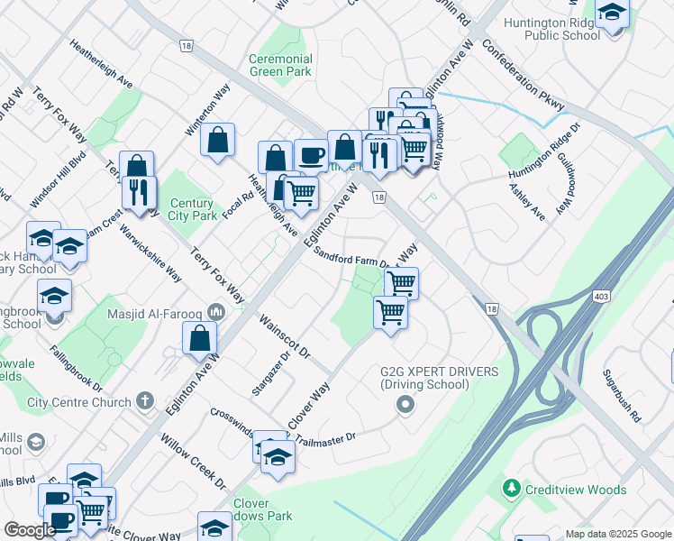map of restaurants, bars, coffee shops, grocery stores, and more near 785 Stargazer Drive in Mississauga