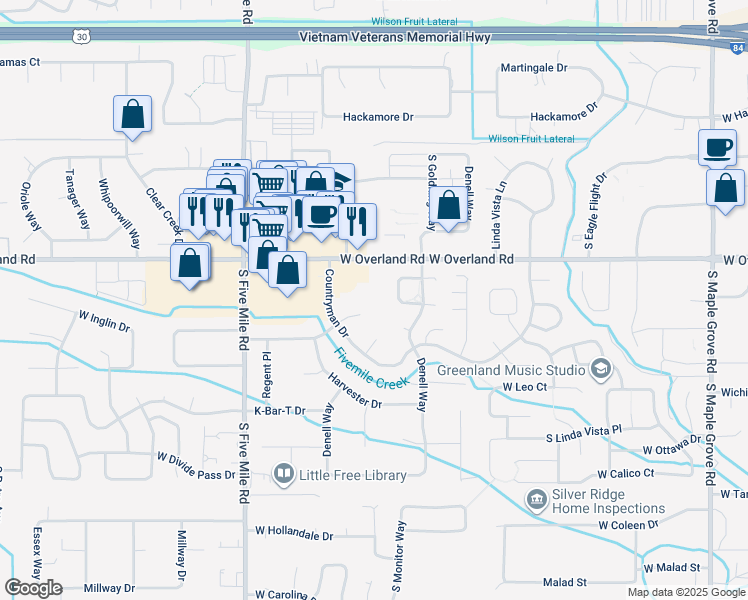 map of restaurants, bars, coffee shops, grocery stores, and more near 10139 West Overland Road in Boise