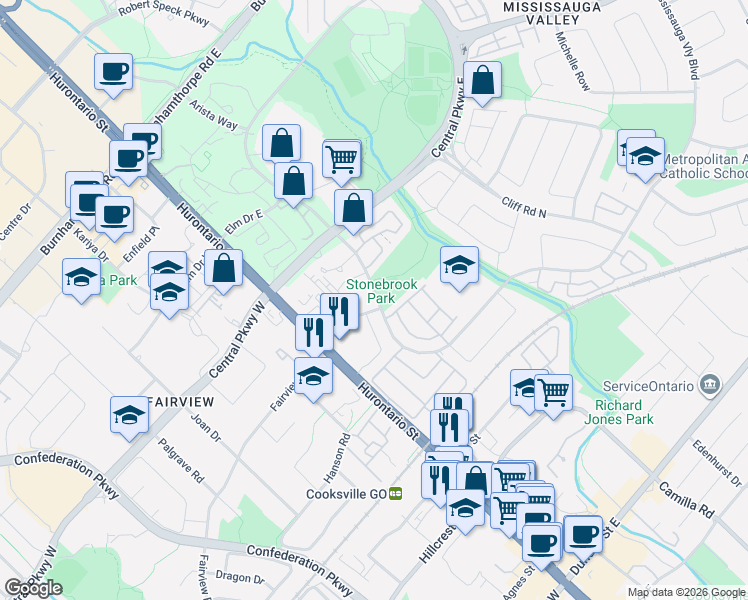 map of restaurants, bars, coffee shops, grocery stores, and more near 1 Fairview Road East in Mississauga