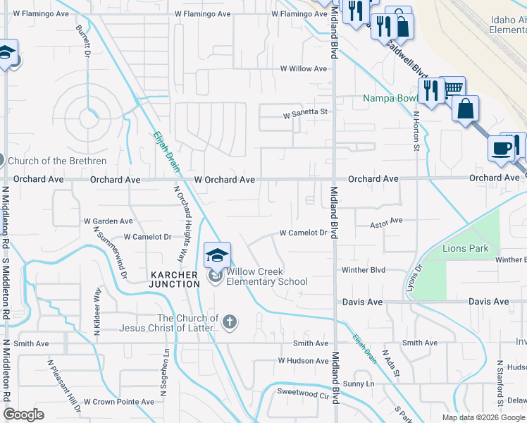 map of restaurants, bars, coffee shops, grocery stores, and more near 1322 West Roberts Place in Nampa