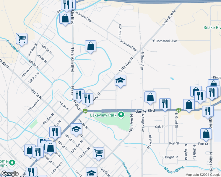 map of restaurants, bars, coffee shops, grocery stores, and more near 1120 Powell Avenue in Nampa