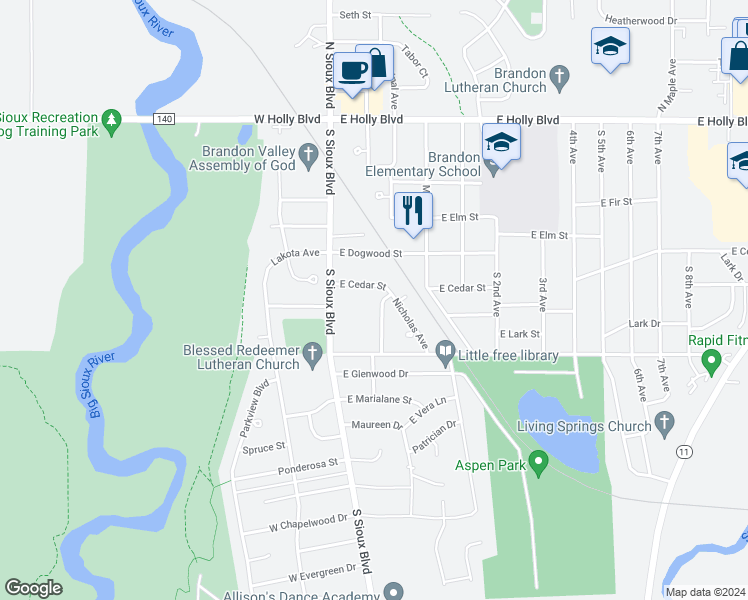 map of restaurants, bars, coffee shops, grocery stores, and more near 513 South Lewis Drive in Brandon