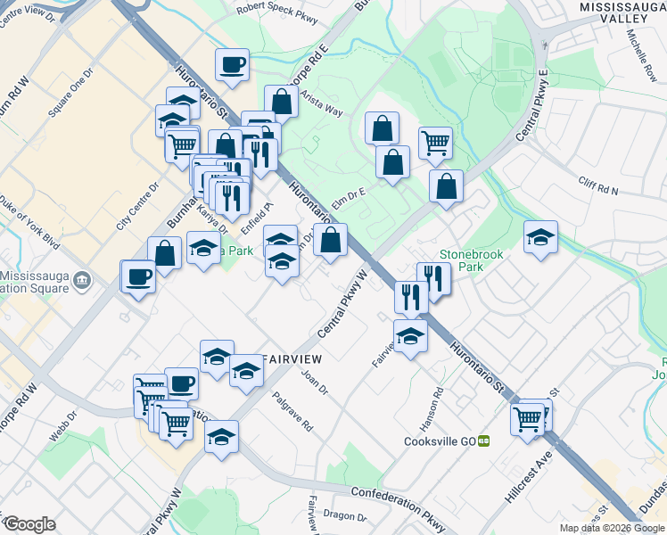 map of restaurants, bars, coffee shops, grocery stores, and more near 3515 Kariya Drive in Mississauga