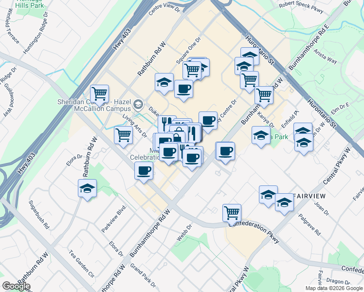 map of restaurants, bars, coffee shops, grocery stores, and more near 2155 South Millway in Mississauga