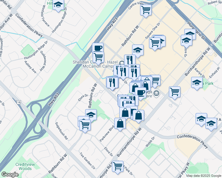 map of restaurants, bars, coffee shops, grocery stores, and more near 385 Prince of Wales Drive in Mississauga