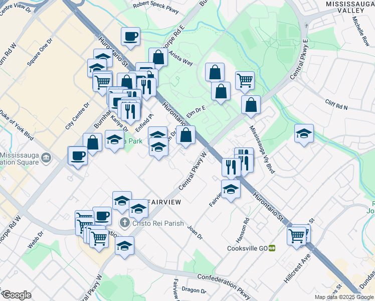 map of restaurants, bars, coffee shops, grocery stores, and more near 3515 Kariya Drive in Mississauga