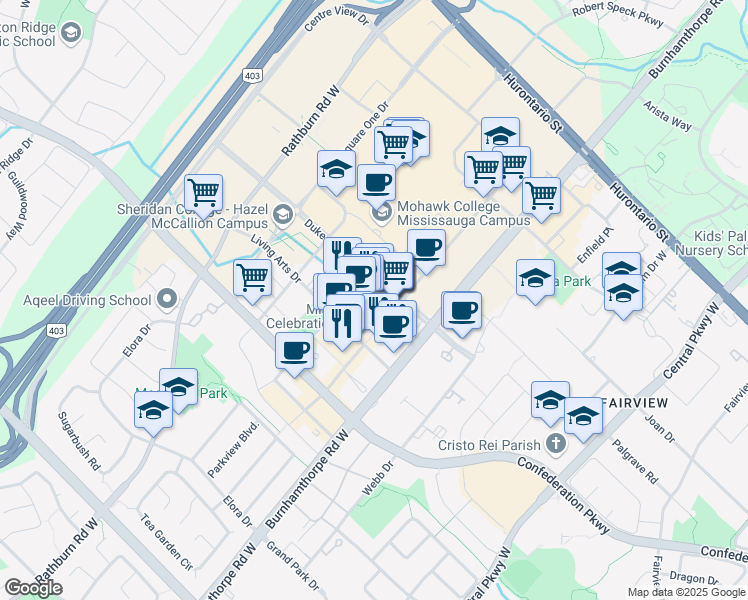 map of restaurants, bars, coffee shops, grocery stores, and more near 300 Duke of York Boulevard in Mississauga