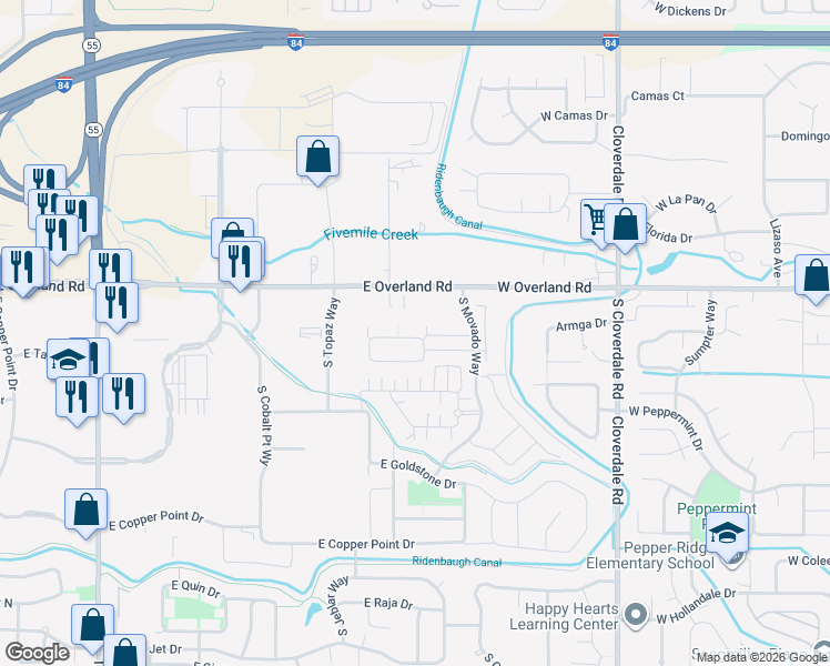 map of restaurants, bars, coffee shops, grocery stores, and more near 4249 East Vacheron Street in Meridian