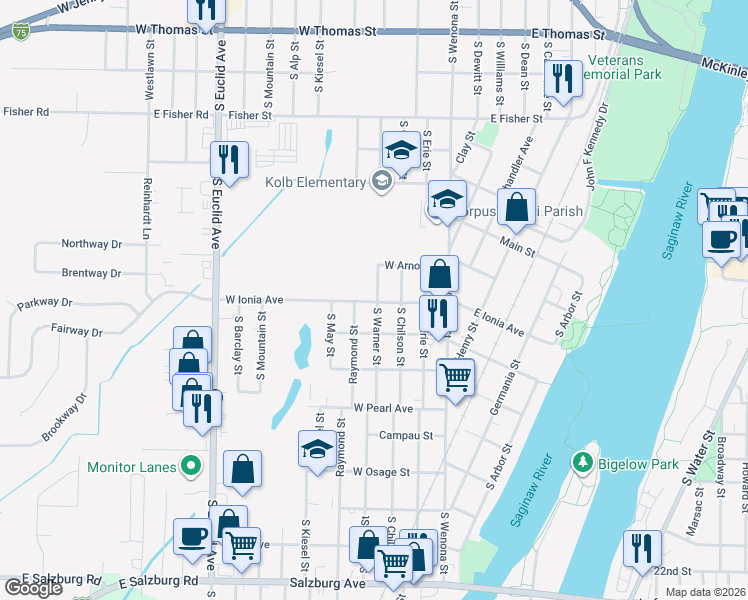 map of restaurants, bars, coffee shops, grocery stores, and more near 1205 South Warner Street in Bay City