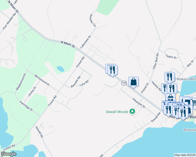 map of restaurants, bars, coffee shops, grocery stores, and more near 24 Old Lakeview Terrace in Wolfeboro