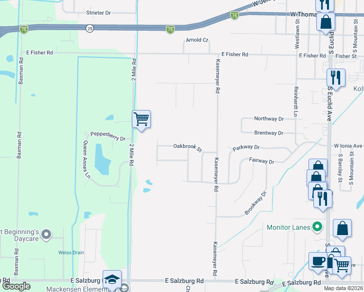 map of restaurants, bars, coffee shops, grocery stores, and more near 5267 Brook Hollow Avenue in Bay City