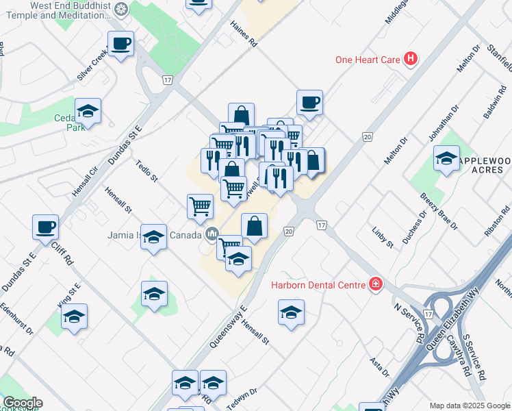 map of restaurants, bars, coffee shops, grocery stores, and more near in Mississauga
