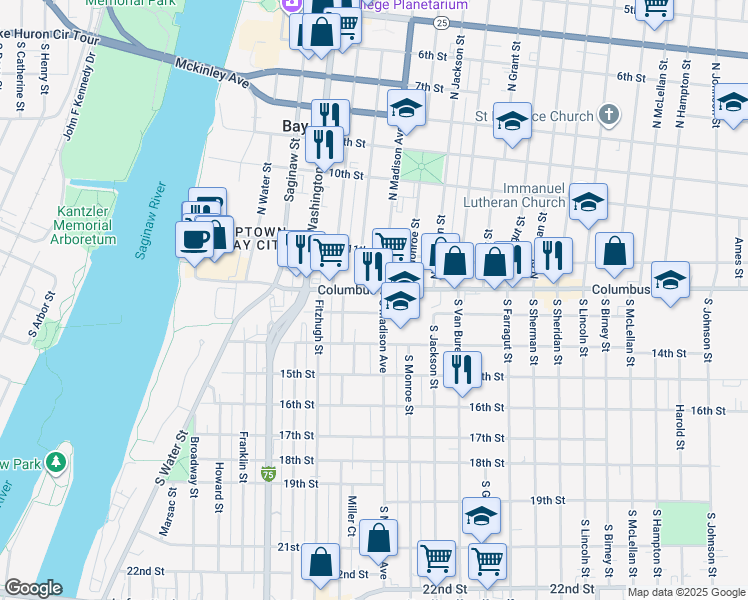 map of restaurants, bars, coffee shops, grocery stores, and more near 200 South Madison Avenue in Bay City