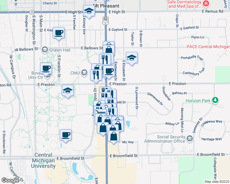 map of restaurants, bars, coffee shops, grocery stores, and more near 908-936 Fairfield Drive in Mount Pleasant