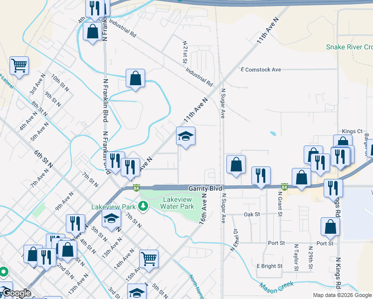 map of restaurants, bars, coffee shops, grocery stores, and more near 500 Stampede Drive in Nampa