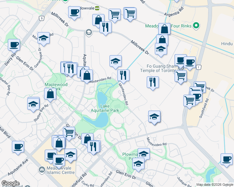 map of restaurants, bars, coffee shops, grocery stores, and more near 6500 Montevideo Road in Mississauga