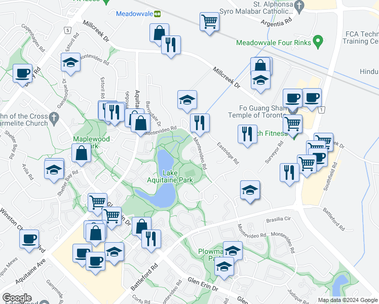 map of restaurants, bars, coffee shops, grocery stores, and more near 6500 Montevideo Road in Mississauga