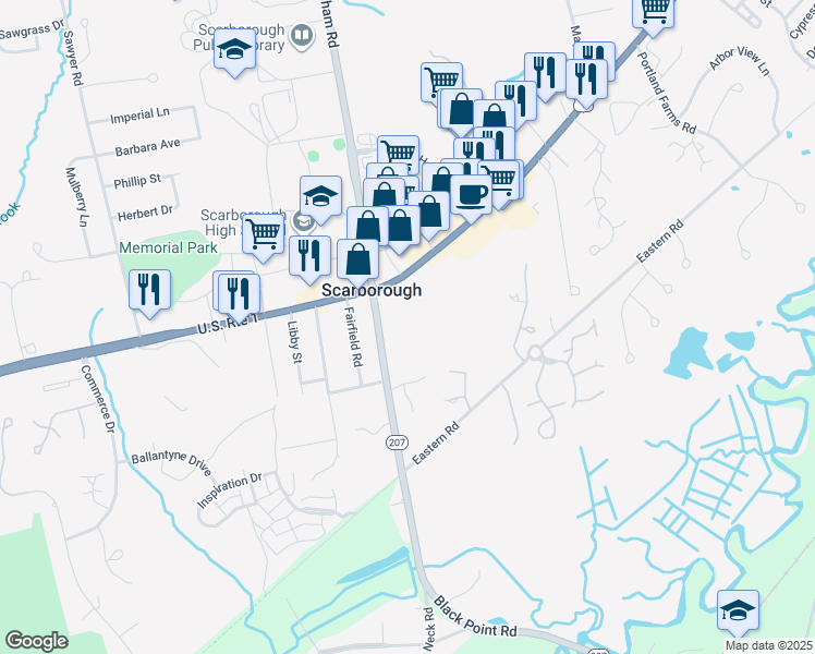 map of restaurants, bars, coffee shops, grocery stores, and more near 18 Black Point Road in Scarborough