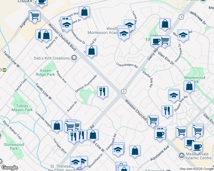 map of restaurants, bars, coffee shops, grocery stores, and more near 7072 Salme Drive in Mississauga