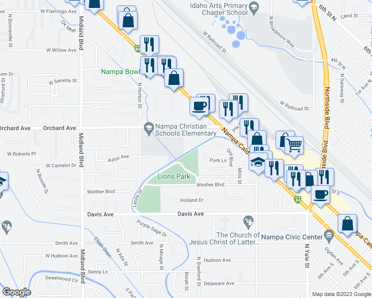 map of restaurants, bars, coffee shops, grocery stores, and more near 413 West Orchard Avenue in Nampa