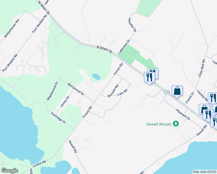 map of restaurants, bars, coffee shops, grocery stores, and more near 58 Forest Road in Wolfeboro