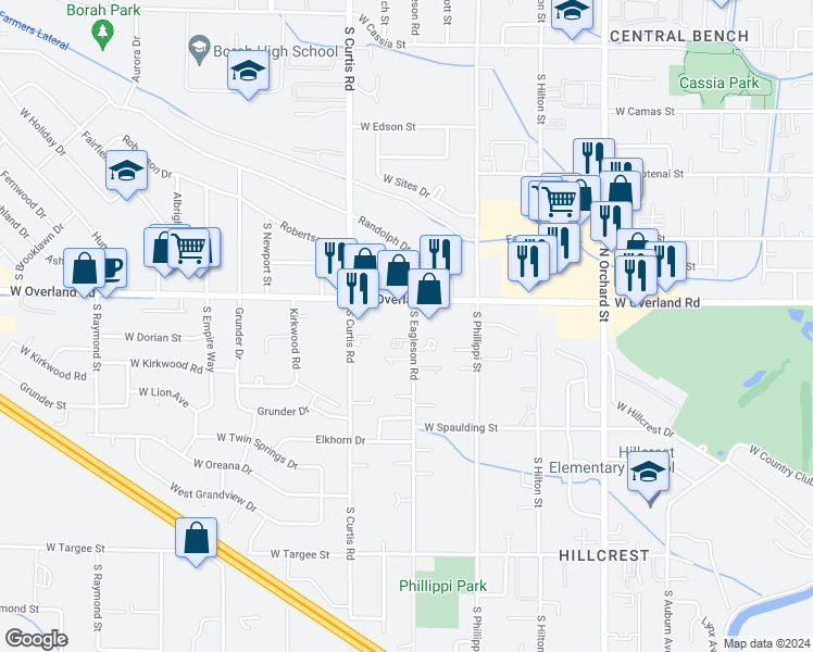 map of restaurants, bars, coffee shops, grocery stores, and more near 5619 West Dorian Lane in Boise