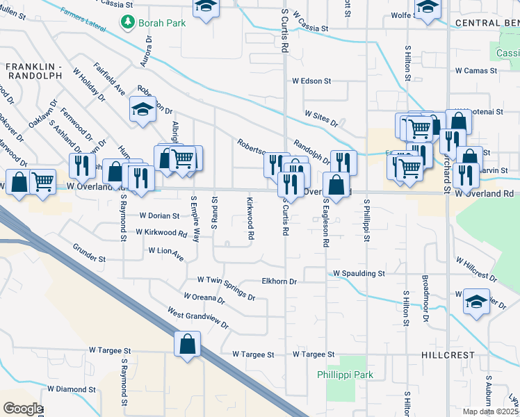 map of restaurants, bars, coffee shops, grocery stores, and more near 1713 South Curtis Road in Boise