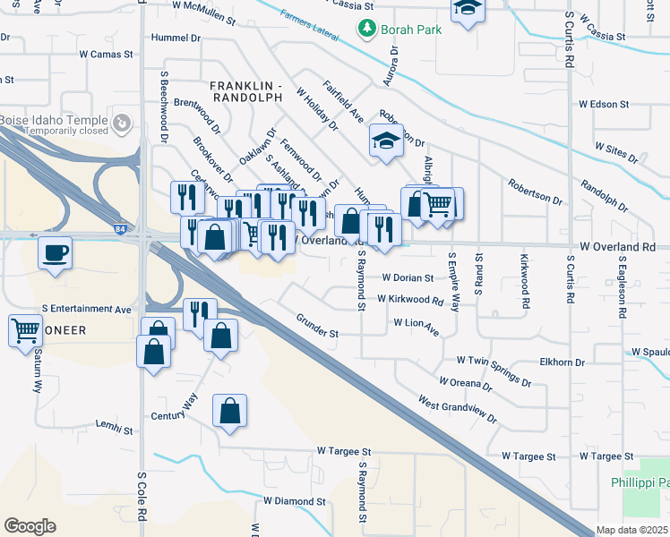 map of restaurants, bars, coffee shops, grocery stores, and more near 6700 West Dorian Street in Boise
