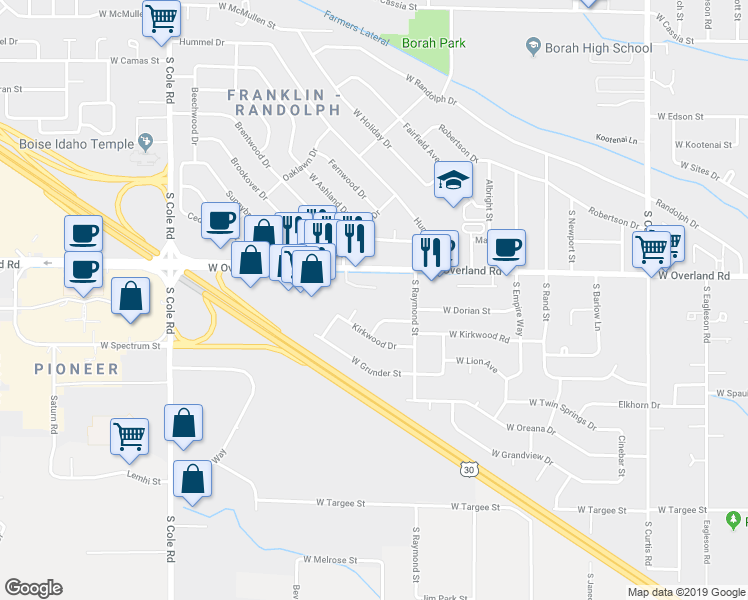 map of restaurants, bars, coffee shops, grocery stores, and more near 6700 Dorian Street in Boise