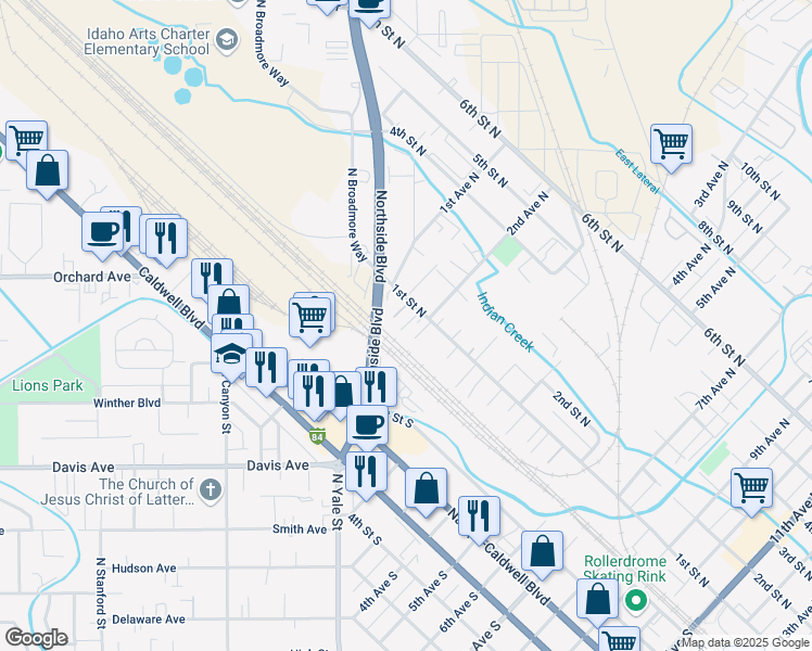map of restaurants, bars, coffee shops, grocery stores, and more near 217 1st Street North in Nampa