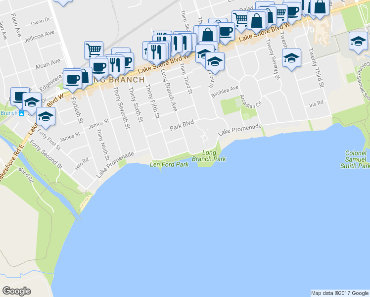 map of restaurants, bars, coffee shops, grocery stores, and more near 240 Lake Promenade in Toronto