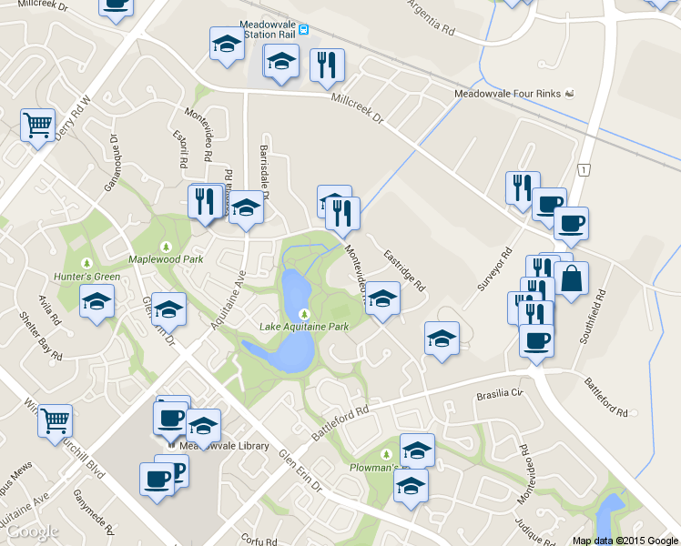 map of restaurants, bars, coffee shops, grocery stores, and more near 6500 Montevideo Road in Mississauga