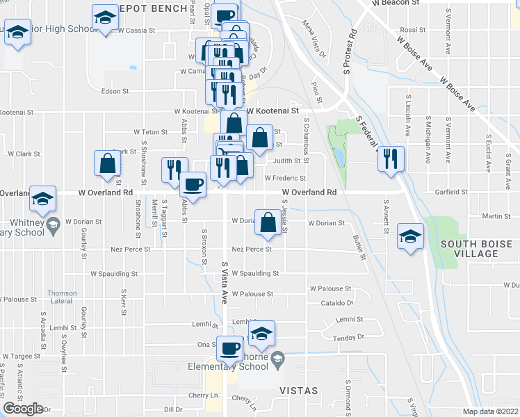 map of restaurants, bars, coffee shops, grocery stores, and more near 1621 Helen Street in Boise