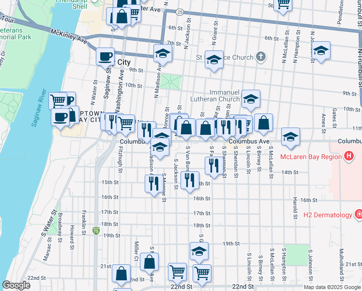 map of restaurants, bars, coffee shops, grocery stores, and more near 808 13th Street in Bay City