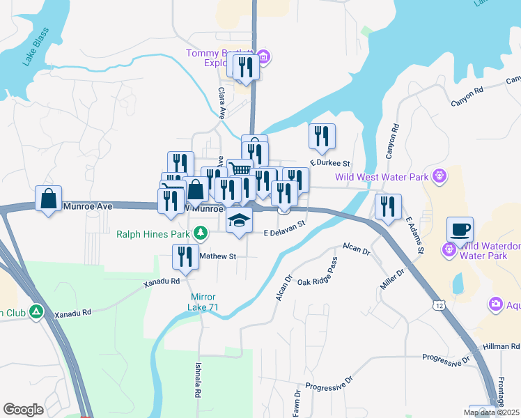map of restaurants, bars, coffee shops, grocery stores, and more near 30 Wisconsin Dells Parkway South in Wisconsin Dells