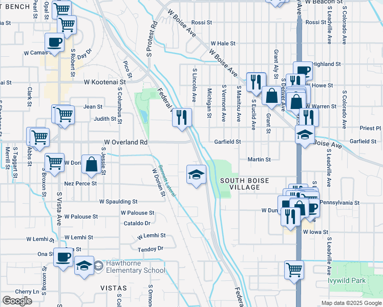 map of restaurants, bars, coffee shops, grocery stores, and more near 1707 South Federal Way in Boise