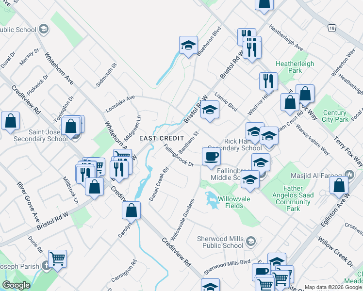 map of restaurants, bars, coffee shops, grocery stores, and more near 5365 Fallingbrook Drive in Mississauga