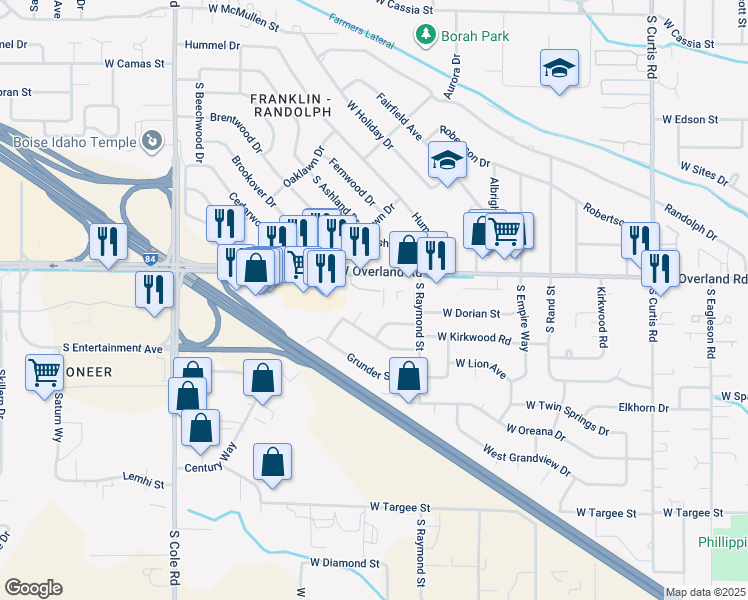 map of restaurants, bars, coffee shops, grocery stores, and more near 6700 West Dorian Street in Boise