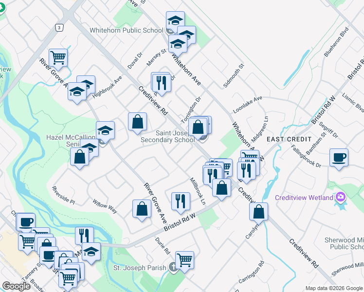 map of restaurants, bars, coffee shops, grocery stores, and more near 1539 Evenside Crescent in Mississauga