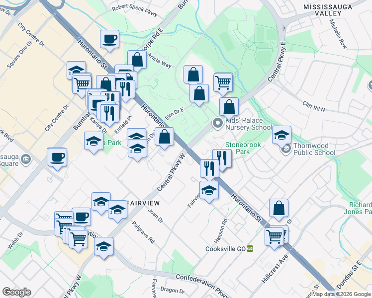 map of restaurants, bars, coffee shops, grocery stores, and more near 3505 Hurontario Street in Mississauga