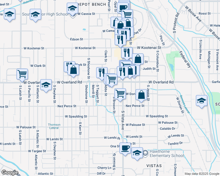 map of restaurants, bars, coffee shops, grocery stores, and more near 1653 South Vista Avenue in Boise