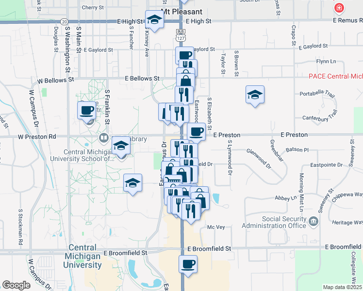 map of restaurants, bars, coffee shops, grocery stores, and more near 1313 South Mission Street in Mount Pleasant
